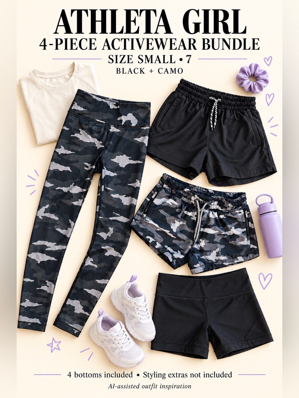 Athleta Girl 4 Piece Bundle S 7 Black Camo Shorts Chit Chat Capri Leggings